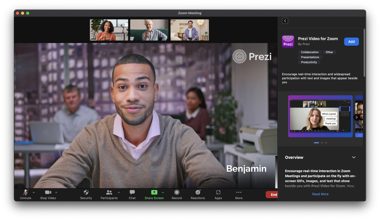 Prezi Video for Zoom app listing